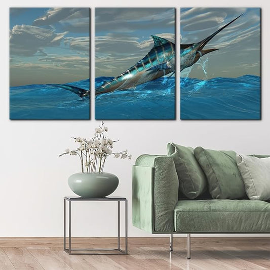 Pacimo Fish Canvas Art Wall Decor Blue Marlin Fish Bursts from Ocean Waters Pictures Prints on Canvas Tropical Animal Paintings 3 Panels Modern Artwork Home Decoration Framed Ready to Hang - 20"x28"x3