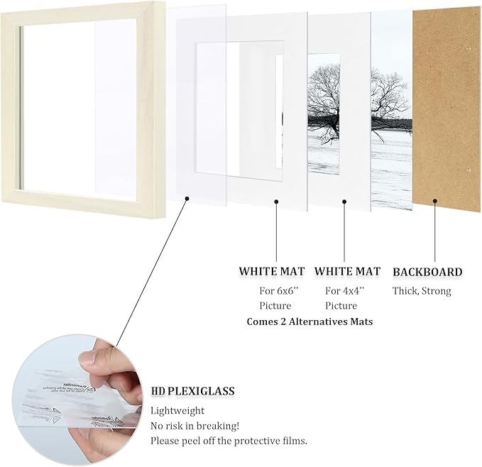 Egofine 8x8 Picture Frames Made of Solid Wood with Plexiglass, Display Pictures 4x4/6x6 with Mat or 8x8 Without Mat Set of 4 for Tabletop and Wall Mounting, Beige
