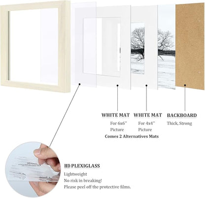 Egofine 8x8 Picture Frames Made of Solid Wood with Plexiglass, Display Pictures 4x4/6x6 with Mat or 8x8 Without Mat Set of 4 for Tabletop and Wall Mounting, Beige