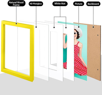 KINLINK 11x14 Picture Frame Yellow, Solid Wood Frames with Acrylic Plexiglass for Pictures 5x7/8x10 with Mat or 11x14 without Mat, Tabletop and Wall Display Photo Frame, Set of 4