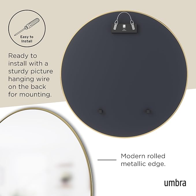 Umbra Hubba Round Wall Mirror with Metallic Frame, Modern Style for Bathroom, Entryway, Living Room and More, 34-Inch, Brass