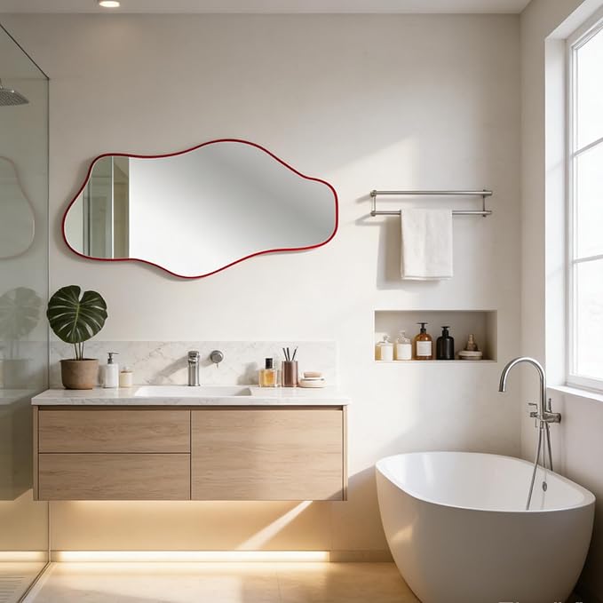 Irregular Tempered Glass Mirror, 47.2"x24" Asymmetrical Wall Mirror, Modern Abstract Frameless Mirrors for Living Room Bathroom Bedroom Hallway Entryway, Horizontal or Vertical Hanging