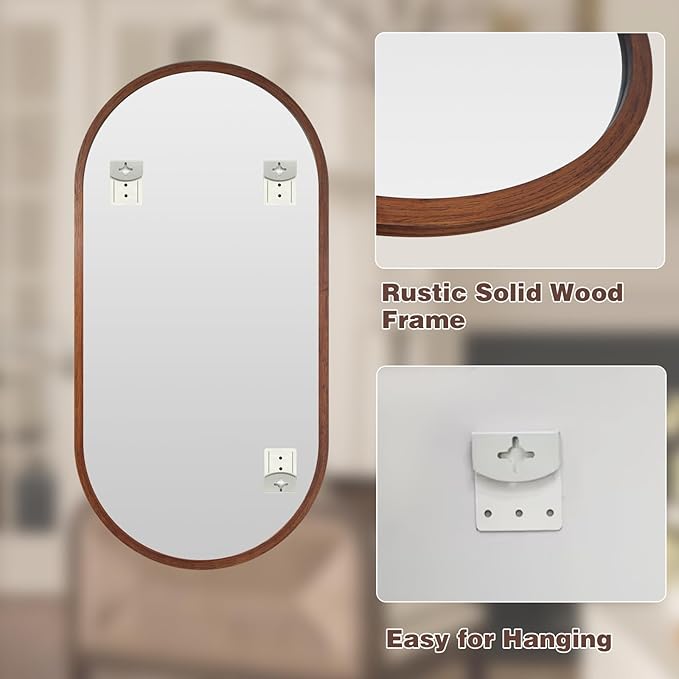 Niccy 48"×24" Wood Frame Oval Full Length Mirror, HD Long Wall-Mounted Mirrors, Large Body Hanging Mirrors for Living Room, Explosion-Proof Decorative Vanity Mirrors for Entryway, Bedroom, Walnut