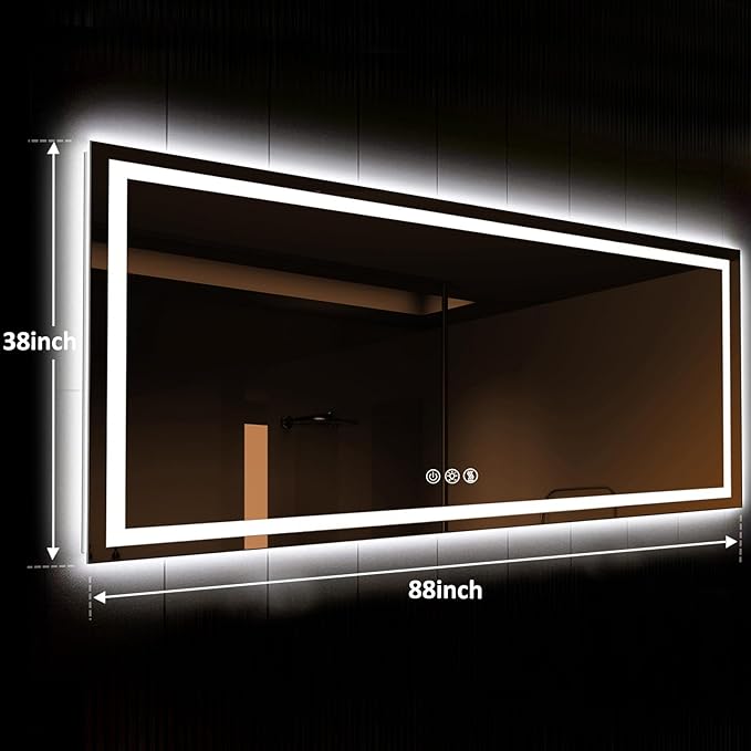 ROOMTEC 88"x38" LED Bathroom Mirror with Lights, Vanity Mirror with Front and Backlight, Smart Dimmable Anti-Fog LED Mirror for Bathroom, Memory Function, Tempered Glass (Horizontal)