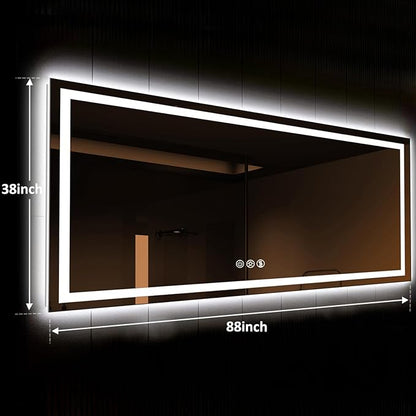 ROOMTEC 88"x38" LED Bathroom Mirror with Lights, Vanity Mirror with Front and Backlight, Smart Dimmable Anti-Fog LED Mirror for Bathroom, Memory Function, Tempered Glass (Horizontal)