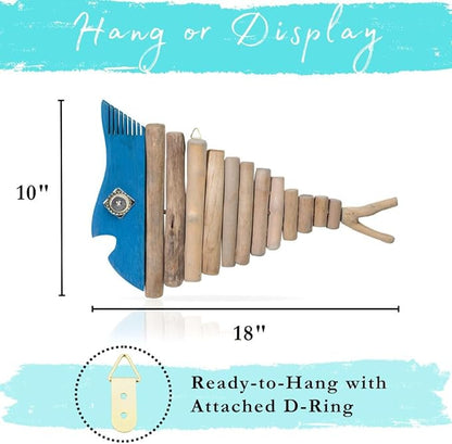 Driftwood Fish Nautical Wall Decor - Handmade Wooden Rustic Coastal Wall Art for Living Room, Bedroom, Office, Bathroom - Ocean Beach Decoration (Blu)