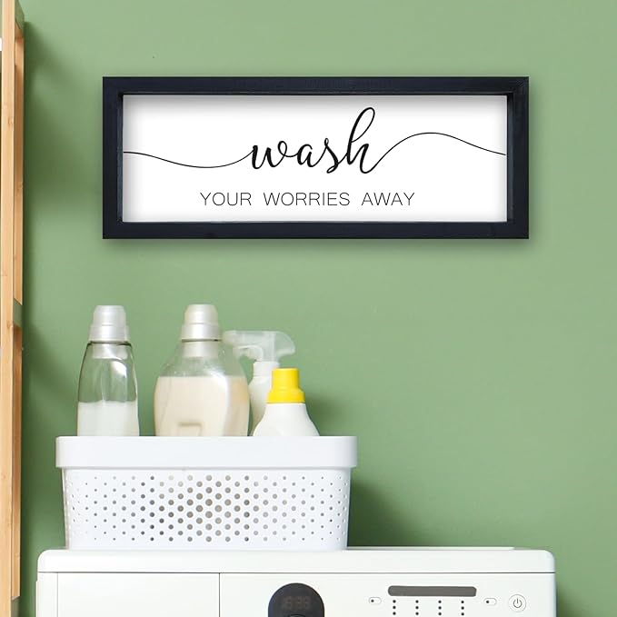Wash Your Worries Away Sign Funny Laundry Room Wall Decor 16"×6" Rustic Bathroom Small Wooden Framed Wall Hanging Art (Black)