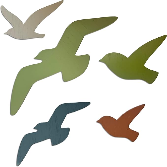 TERRALUMA 5-Piece Bird Wall Decor Set, Double-Sided Painted Wooden Wall Art, Birds in Flight for Coastal & Modern Home Decor