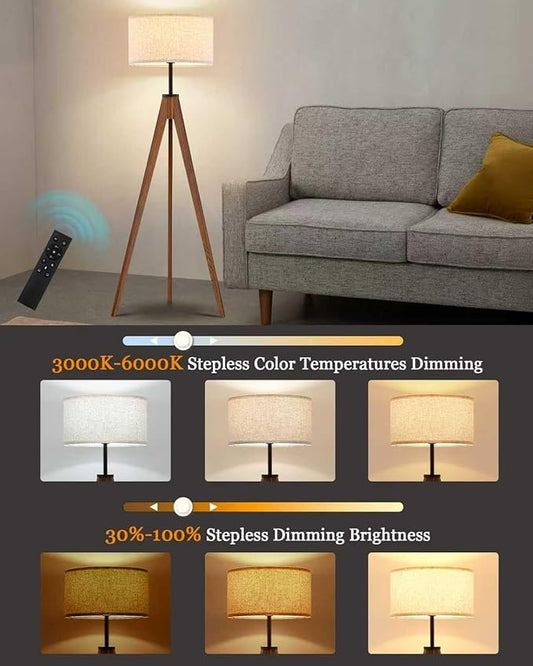 ELYONA Ash Wood Tripod Floor Lamp Stepless Dimmer & Color Temperature, Remote Control Mid Century Modern Coner Standing Lamp Linen Shade for Living Room Bedroom Office, LED Bulb Included, Walnut