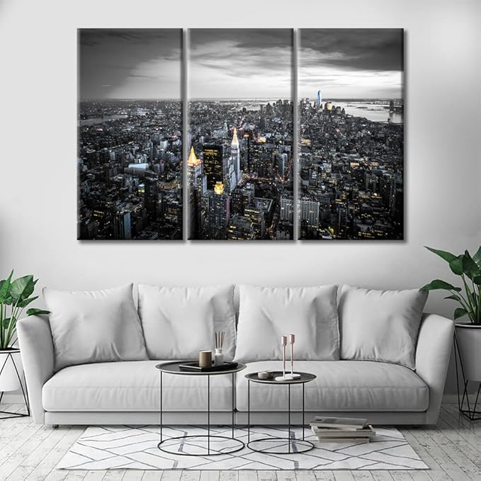 3 Panels Manhattan, New York Nighttime Lightscape Modern Home Decor Beautiful City Skyline Canvas Paintings for Bedroom, Living Room, Office. Posters and Prints Framed Ready to Hang (42"Wx28"H)