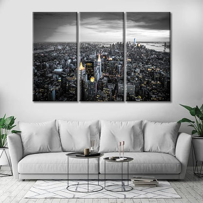 3 Panels Manhattan, New York Nighttime Lightscape Modern Home Decor Beautiful City Skyline Canvas Paintings for Bedroom, Living Room, Office. Posters and Prints Framed Ready to Hang (42"Wx28"H)