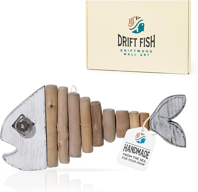 Driftwood Fish Nautical Wall Decor - Handmade Wooden Rustic Coastal Wall Art for Living Room, Bedroom, Office, Bathroom - Ocean Beach Decoration (Pearl)