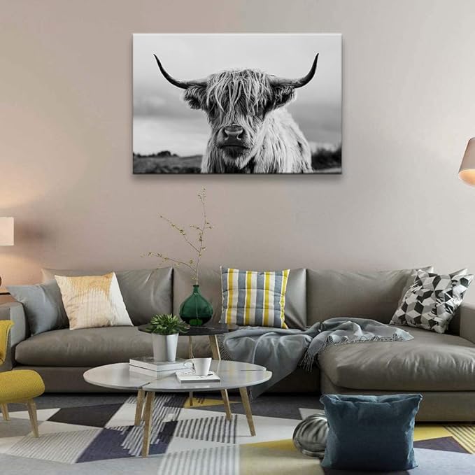 Highland Cow Wall Art Canvas Print Black and White Animal Canvas Picture Framed Art Wall Decor for Bedroom Bathroom (16x24 inch)