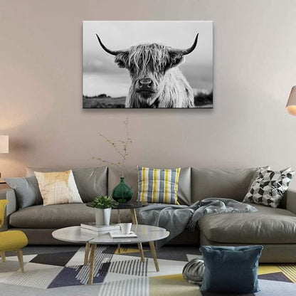 Highland Cow Wall Art Canvas Print Black and White Animal Canvas Picture Framed Art Wall Decor for Bedroom Bathroom (24x36 inch)