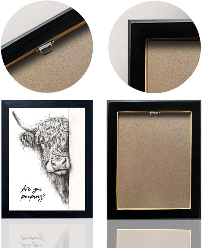 Funny Highland Cow Bathroom Wall Art - Rustic Farmhouse Wall Decor with Humorous Are You Pooping Canvas Print, Cute Animal Canvas Art for Restroom - Black Framed Cow Pictures Wall Decor Ready to Hang 8"x10"