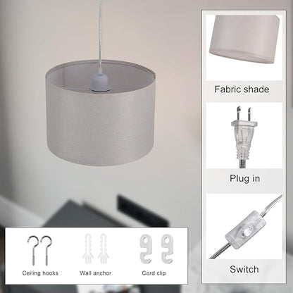 2 Pack Plug in Pendant Light, Hanging Light with 15Ft Clear Cord, On/Off Switch, Beige Yellow Fabric Lamp Shade, Hanging Light Fixture for Bedroom, Kitchen