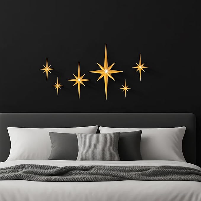 BreezeHug 6 Pcs Mid Century Modern Home Decor Star Art Wall Sculpture with Rhinestone Retro 3D Plastic Star Art Wall Sculpture Bling Diamonds Decor for Home Office Bedroom Entryway(Gold)