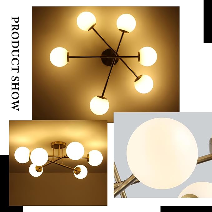 6-Light Glass Sputnik Chandeliers Gold Sputnik Ceiling Light Fixture with Milk White Glass Globe Flush Mount Ceiling Light Fixture for Dining Room Farmhouse Kitchen Living Room Bedroom