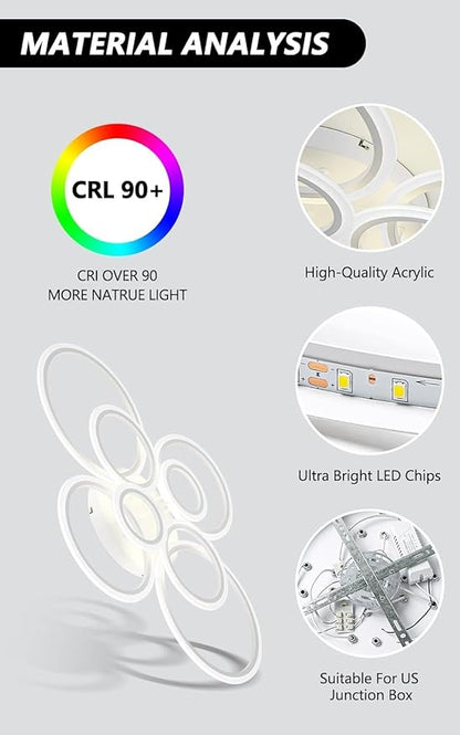 Modern LED Flush Mount Ceiling Light, 8 Rings White Close to Ceiling Light Fixtures, Living Room Lighting Ceiling Lamp for Dining Room, Bedroom, Kitchen, 4000K Not Dimmable