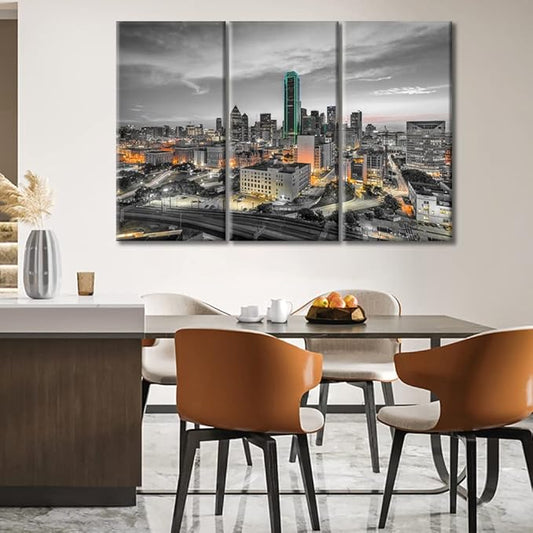 TUMOVO American Cityscape Wall Decor Posters and Prints 3 Panels Dallas Nighttime Lightscape Pictures Wall Decor for Bedroom City Skyline Art Prints Framed Ready to Hang (42" Wx28 H)