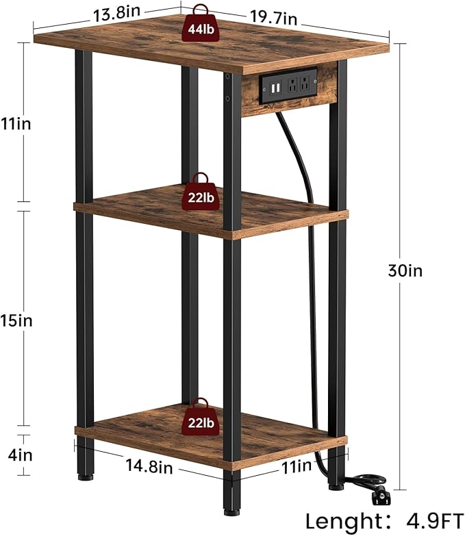 Asgolion Tall End Table with Charging Station, Skinny Nightstand with USB Ports and Outlets, 3 Tier Narrow Side Table with Storage for Bedroom, Living Room, Office, Rustic Brown and Black