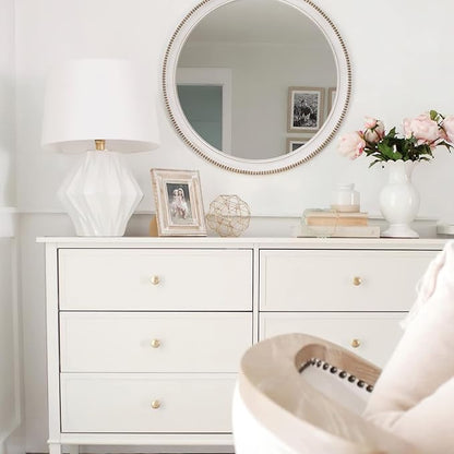 sawsile Round Wood Mirror,24 inch Circle Rustic Farmhouse White Wooden Frame Boho Beads Wall Mirror for Bathroom,Living Room,Bedroom or Entryway