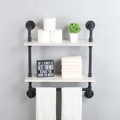 MBQQ Iron Pipe Shelves Industrial Bathroom Shelves with Towel bar,24in Rustic Metal Pipe Floating Shelves Pipe Wall Shelf,2 Tier Industrial Shelf Wall Mounted,Black & White