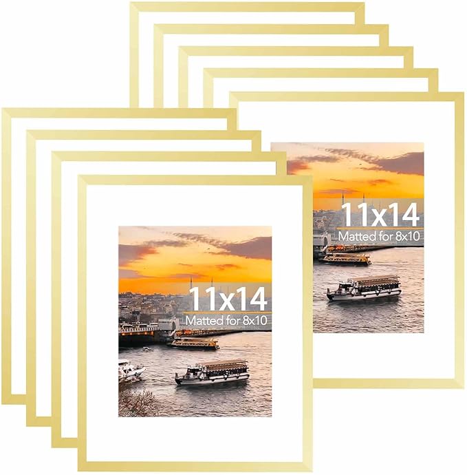 JCJMY 10 Packs 11x14 Picture Frames, Display 8x10 with Mat or 11x14 Without Mat, Gallery Wall Frame Set, 11 by 14 Frames Bulk Set of 10 Collage Wall Decor Photo Frames Set for Wall, Gold
