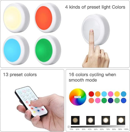 HELPLEX LED Puck Lights with Remote, 6 Pack Color Changing RGBW, Battery Powered Under Cabinet Lighting, Dimmable with Timer & Memory, Stick-On Wireless Light with 18 AA Batteries Included