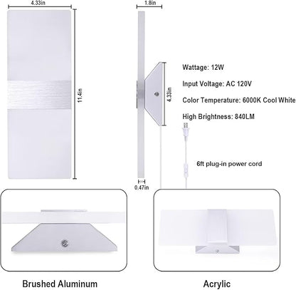 TRLIFE Wall Sconce Plug in, Modern Wall Sconce 12W Wall Mounted Light 6000K Cool White Acrylic LED Wall Lights with 6FT Plug in Cord and On/Off Switch on The Cord(1 Pack, Silver)