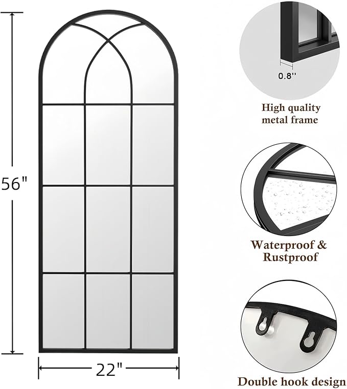 Mirror Full Length, 56"x22" Large Arched Mirror, Window Pane Wall Black Full Body Mirrors, Oversize Farmhouse Standing Mirrors for Living Room, No Stand