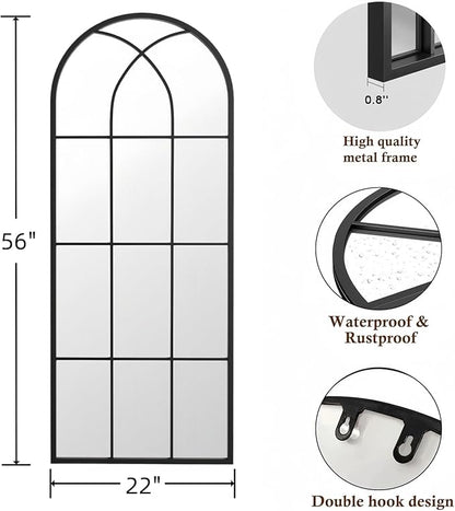Mirror Full Length, 56"x22" Large Arched Mirror, Window Pane Wall Black Full Body Mirrors, Oversize Farmhouse Standing Mirrors for Living Room, No Stand