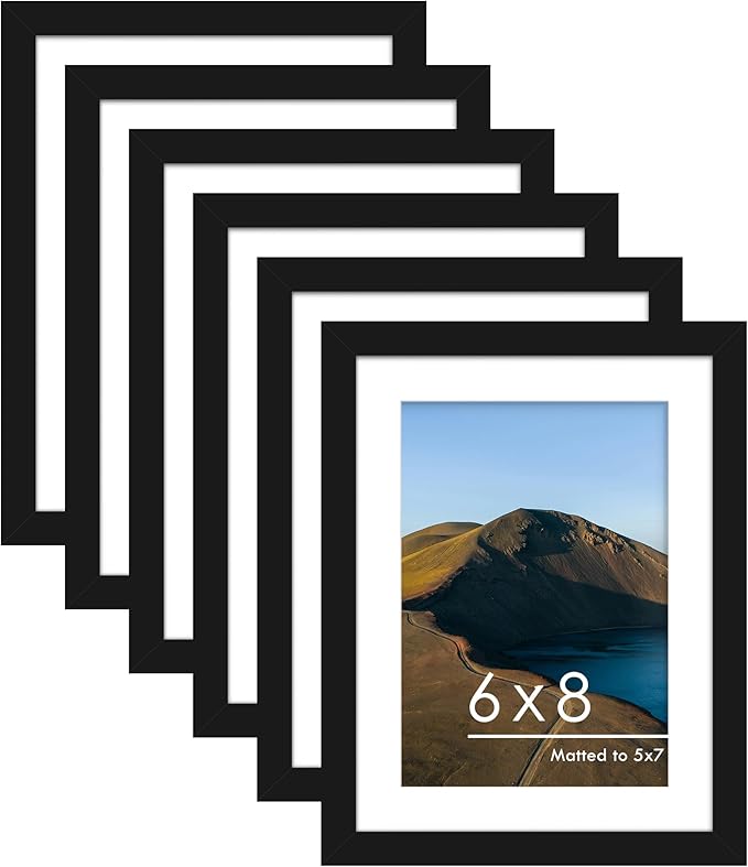 PEALSN 6x8 Picture Frame Set of 6, Display Pictures 5 x 7 with Mat or 6 x 8 without Mat for Wall Mounting or Table Top Display, Photo Frames Collage for Wall Decor, Black.