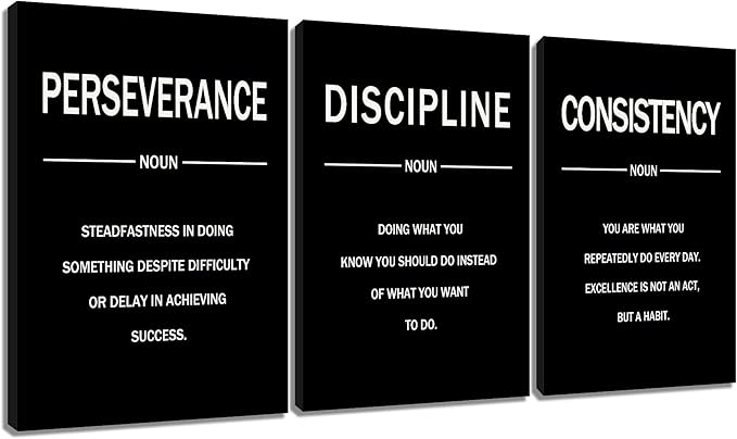 3 Pieces Motivational Canvas Wall Art Perseverance Discipline Consistency Inspirational Quotes Poster Print Positive Wall Decor Artwork for Living Room Workplace Stretched and Framed [60''W x 28''H]