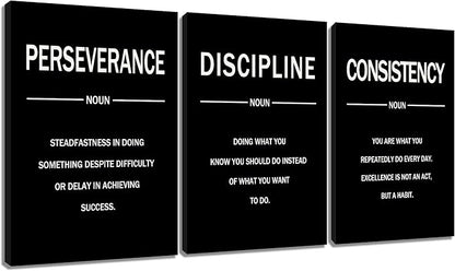 3 Pieces Motivational Canvas Wall Art Perseverance Discipline Consistency Inspirational Quotes Poster Print Positive Wall Decor Artwork for Living Room Workplace Stretched and Framed [60''W x 28''H]