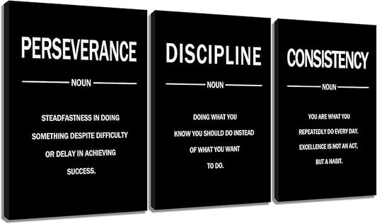 3 Pieces Motivational Canvas Wall Art Perseverance Discipline Consistency Inspirational Quotes Poster Print Positive Wall Decor Artwork for Living Room Workplace Stretched and Framed [60''W x 28''H]