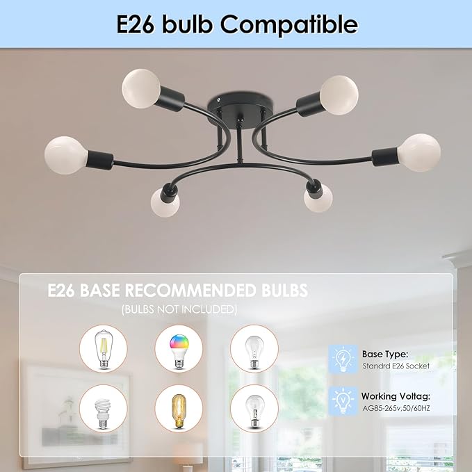FRIXCHUR 6-Light Sputnik Chandelier, Black Mid-Century Modern Semi Flush Mount Ceiling Light, Metal Fixture with E26 Sockets for Bedroom, Living Room, Kitchen (Bulbs Not Included)