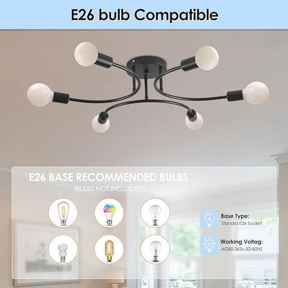 FRIXCHUR 6-Light Sputnik Chandelier, Black Mid-Century Modern Semi Flush Mount Ceiling Light, Metal Fixture with E26 Sockets for Bedroom, Living Room, Kitchen (Bulbs Not Included)