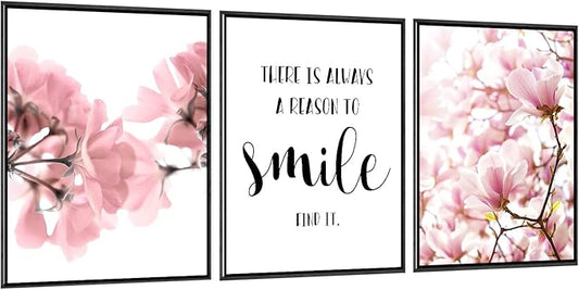 Framed Scandinavian Flower Canvas Poster Pink Magnolia Floral Print Painting Nordic Smile Quote Art Wall Pictures for Living Room Office Bedroom Home Decor -3 Pack (12 X 16Inch)