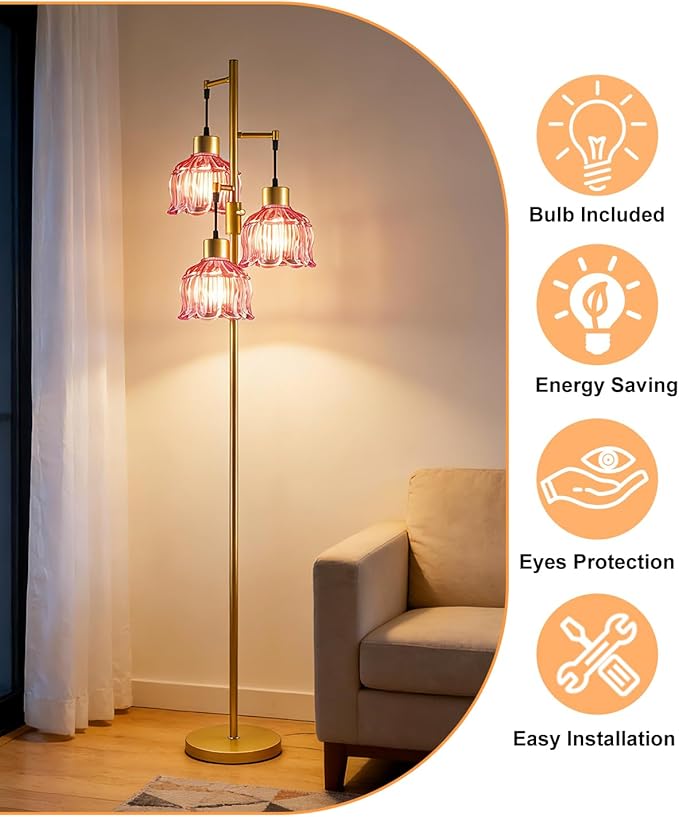 3-Light Modern Glass Floor Lamp, Gold Standing Tall Lamp with Deep Red Vertical Rib Glass Shade, Dimmable LED Floor Lamp with 5Lbs Heavy Base for Living Room Bedroom Home Decor, Bulb Included
