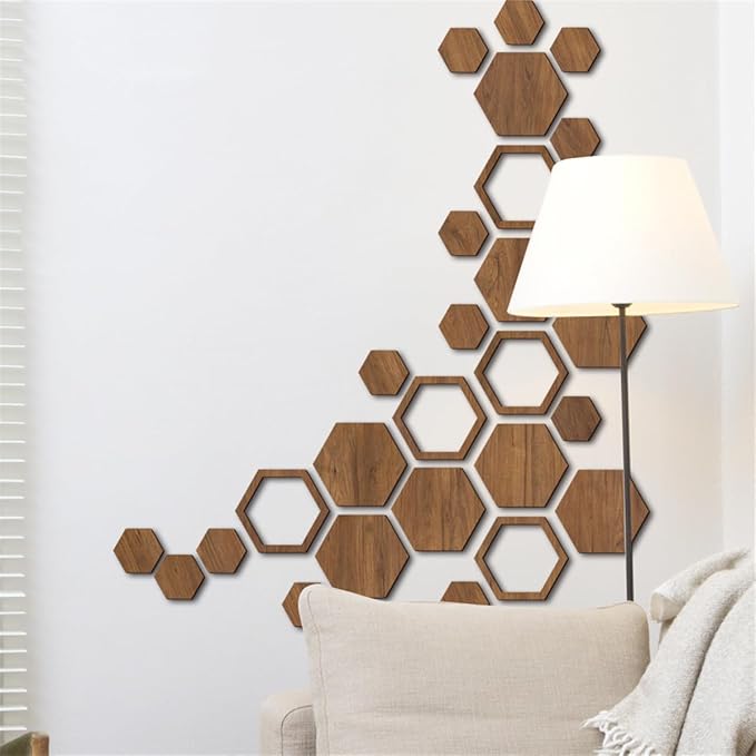 Hexagon Wood Wall Art, 27 PCS Modern Hollow Wooden Honeycomb Wall Stickers, DIY Modern Geometric Wood Wall Art Decor, 3D Wooden Hexagon Wall Tiles for Living Room, TV Background, Office