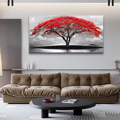 Wapluam Canvas Prints Wall Art For Living Room Bedroom Large Wall Decor Red Tree Landscape Painting Black And White Pictures To Hang Modern Home Decorations For Office Stretched And Framed Artworks