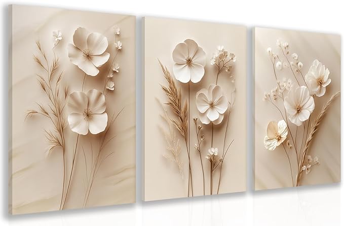 GELDSTEI Neutral Simple Beige Floral Canvas Wall Art, Modern Minimalist Botanical Wall Decor, Vintage Beige Flower Poster Prints for Living Room Bedroom Farmhouse Framed Set of 3, Each 16x24 Inch