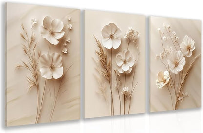 GELDSTEI Neutral Simple Beige Floral Canvas Wall Art, Modern Minimalist Botanical Wall Decor, Vintage Beige Flower Poster Prints for Living Room Bedroom Farmhouse Framed Set of 3, Each 16x24 Inch