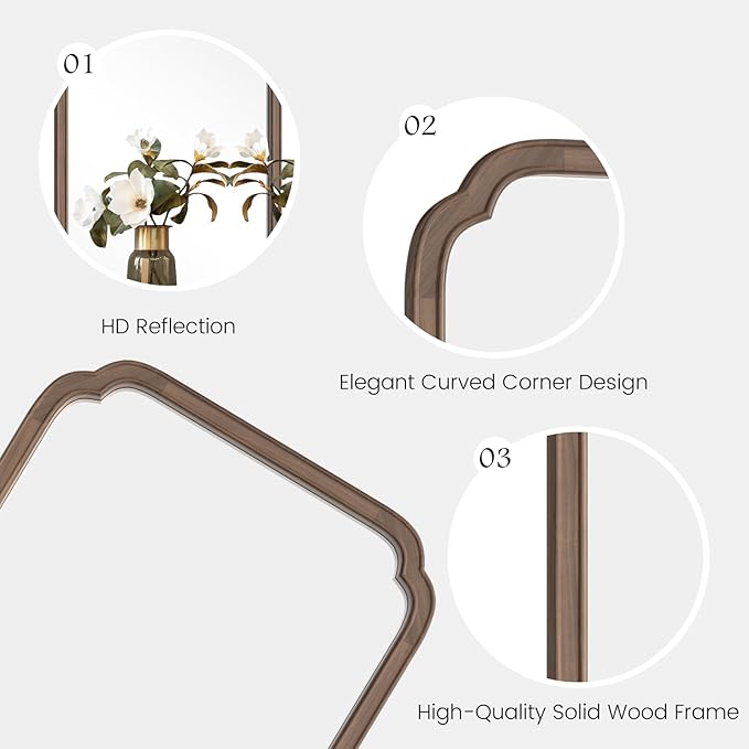 HOMECOOKIN Wood Bathroom Mirror for Wall Decor Arched Rounded Corner Rustic Wood Frame Wall Mirror Home Decorative for Vanity, Living Room, Bedroom, Entryway (24 x 36 inch, Walnut)