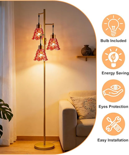 3-Light Modern Glass Floor Lamp, Gold Standing Tall Lamp with Deep Red Pinecone Glass Shade, Dimmable LED Floor Lamp with 5Lbs Heavy Base for Living Room Bedroom Home Decor, Bulb Included