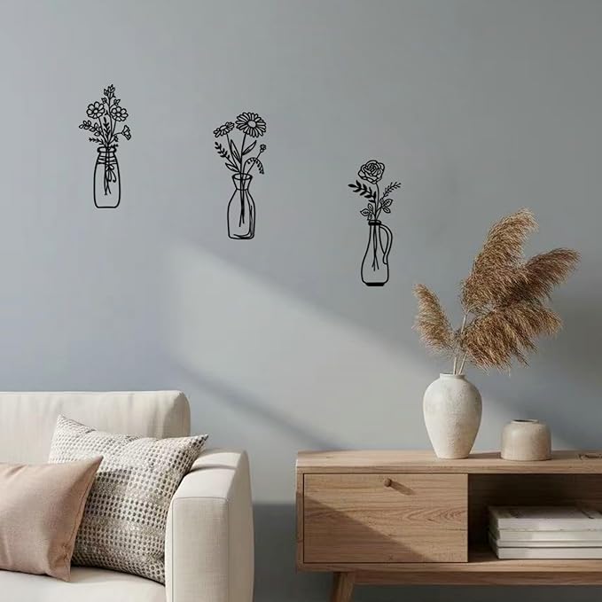 Blueprint Ivy 3 pieces Metal Flowers Wall Arts Minimalist Wall Decor for Living Room Bathroom Dining Room Kitchen Housewarming Gift (Black)
