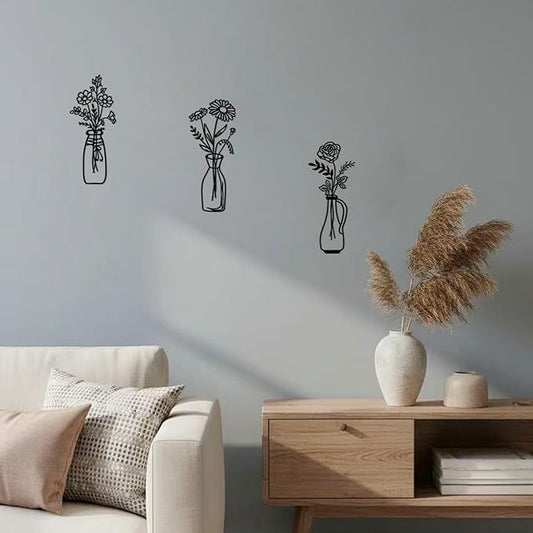 Blueprint Ivy 3 pieces Metal Flowers Wall Arts Minimalist Wall Decor for Living Room Bathroom Dining Room Kitchen Housewarming Gift (Black)