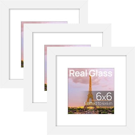 upsimples 6x6 Picture Frame Set of 3, Made of High Definition Glass for 4x4 with Mat or 6x6 Without Mat, Wall and Tabletop Display Photo Frames, White
