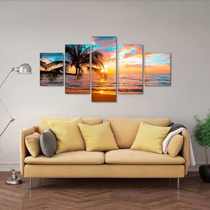 Yatsen Bridge Beaches Wall Art 5 Piece Set Sunset Poster Ocean Scenic Nature Pictures HD Print on Canvas Office Home Decor Framed Ready to Hang - 60''W x 32''H